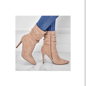 Women's slouchy Suede Mid Calf Pointed Toe Stiletto High Heel Ankle Booties -11